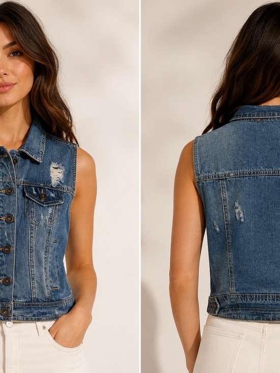 Highway Jeans Jackets & Blazers - Cropped Classic Distressed Denim Vest - Blue